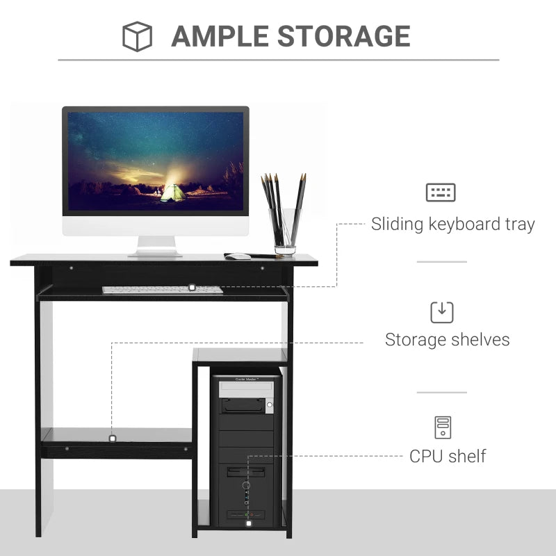 Compact Modern Black Wooden Computer Desk with Keyboard Tray & Storage Shelf - Ideal Corner Table for Home Office