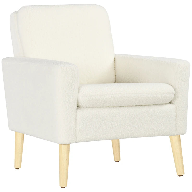 Upholstered Accent Armchair with Wooden Legs and Wide Padded Seat in Cream White, Teddy Fabric Occasional Chair