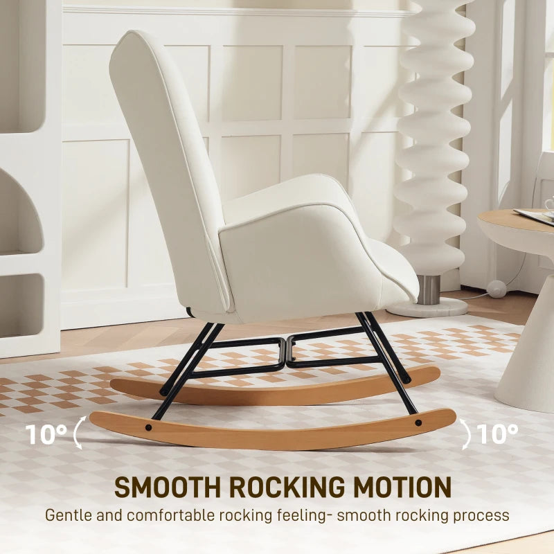 Modern Velvet Rocking Chair with Solid Wood Legs and Metal Frame for Living Room and Bedroom, Cream