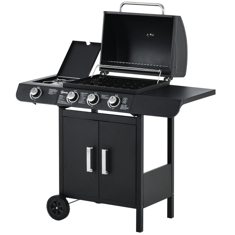 3-Burner Gas BBQ Grill with Side Burner and Storage Cabinet - Black