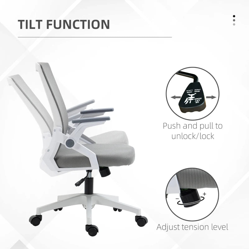 Vinsetto Grey Mesh Office Chair with Lumbar Support, Adjustable Height, Flip-up Armrests & Swivel Wheels - Ergonomic Desk Chair