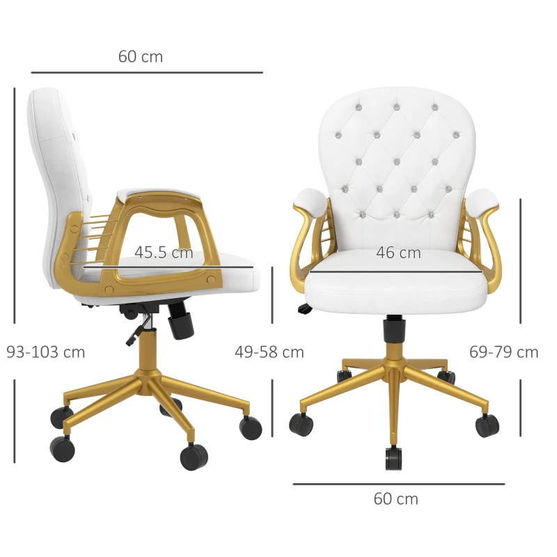 Vinsetto Cream White Height Adjustable Office Chair - Button Tufted Computer Chair with Padded Armrests & Tilt Function