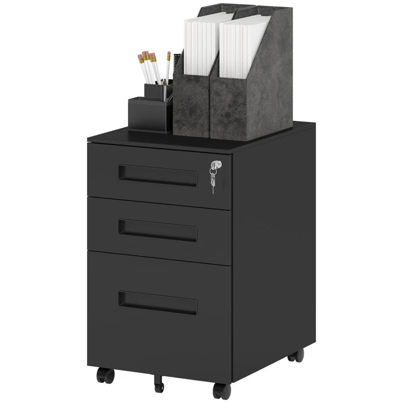 Vinsetto Black Three-Drawer Steel Filing Cabinet - Durable Office Storage Solution for Organizing Documents and Files
