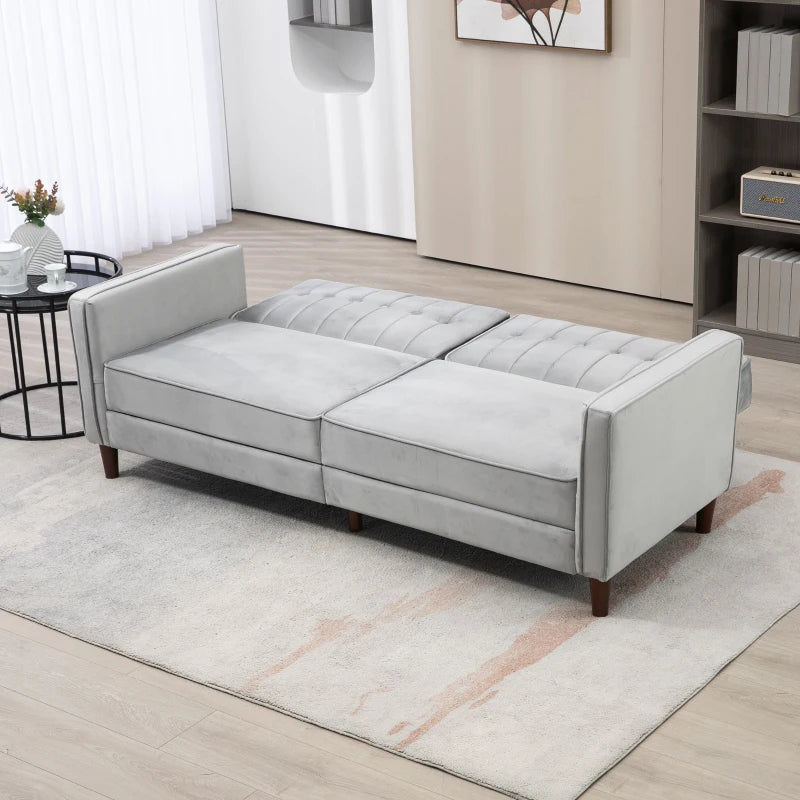 Modern Convertible Velvet Sofa Bed with Tufted Design, Compact Loveseat and Adjustable Split Back in Light Grey