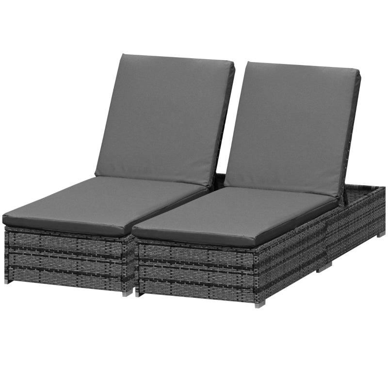 Grey Rattan Sun Loungers Set of 2 with Cushion and Recliner Backrest
