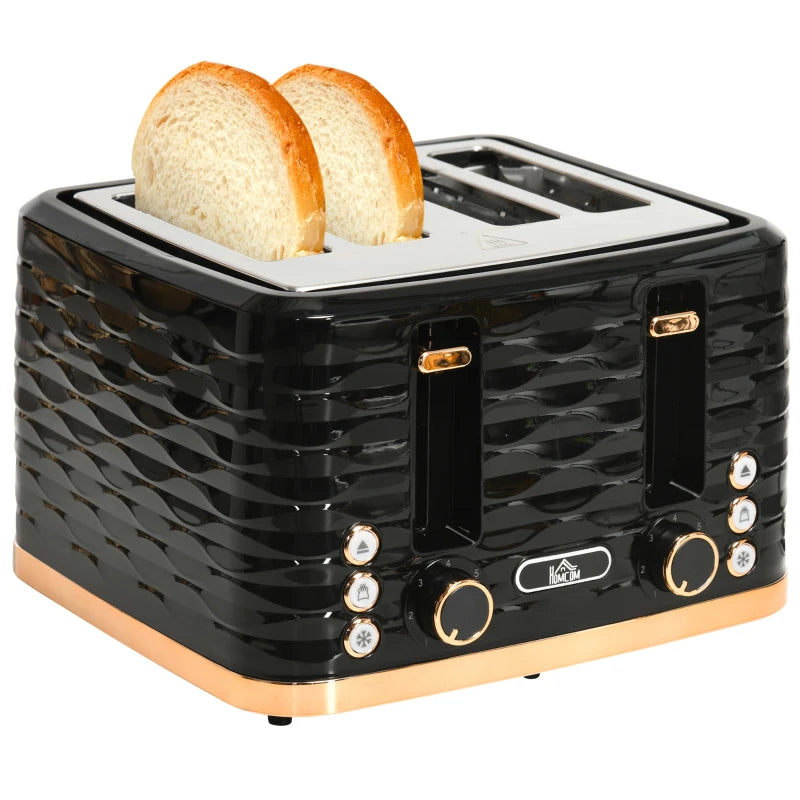 Premium Four-Slice Rippled Toaster in Black - Stylish Design, Fast Toasting, Perfect for Family Breakfasts