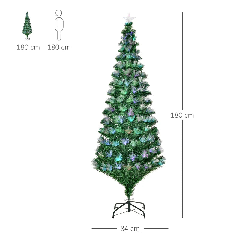 6FT Multicoloured Pre-Lit Artificial Christmas Tree with Fibre Optic Lights, Metal Stand & Star Holder - Festive Home Decoration