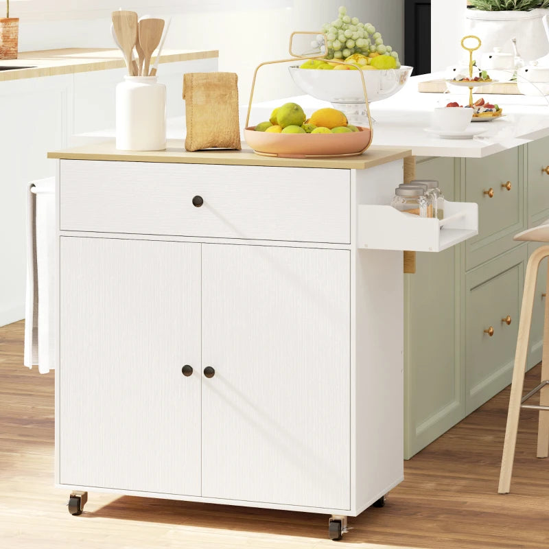 Rolling Kitchen Island with Drop Leaf - White Kitchen Storage Cart with Drawer, Spice Rack & Towel Rack