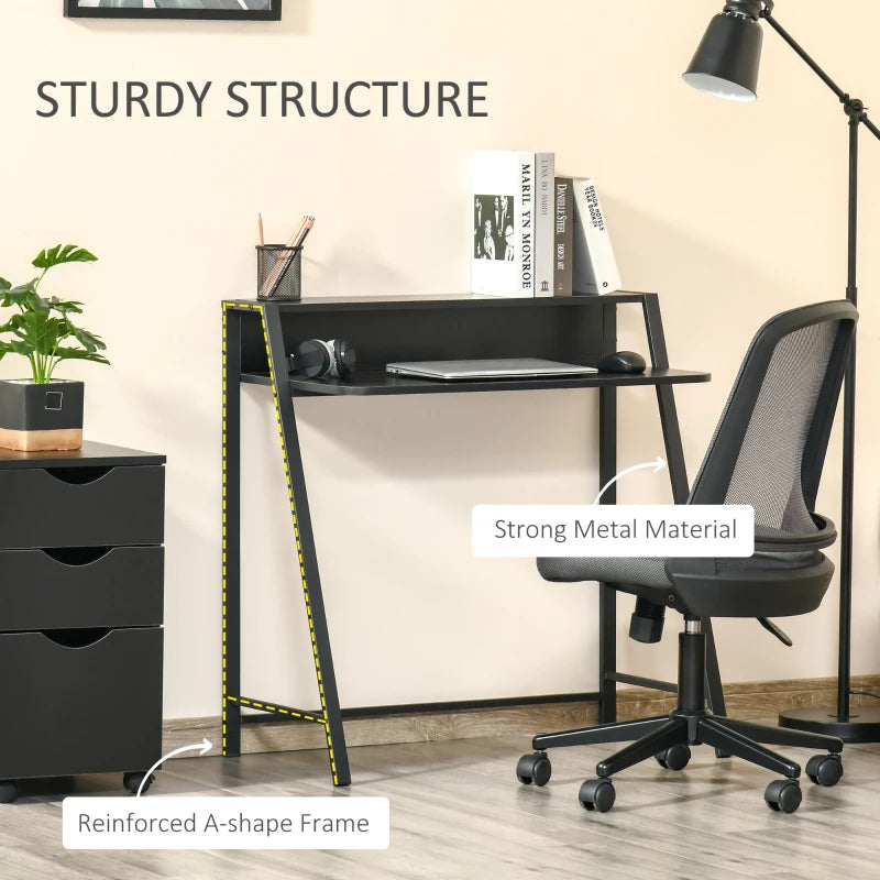 Modern Black Writing Desk - 84L x 45W cm Computer Table for Home Office, PC & Laptop Workstation with Storage Shelf