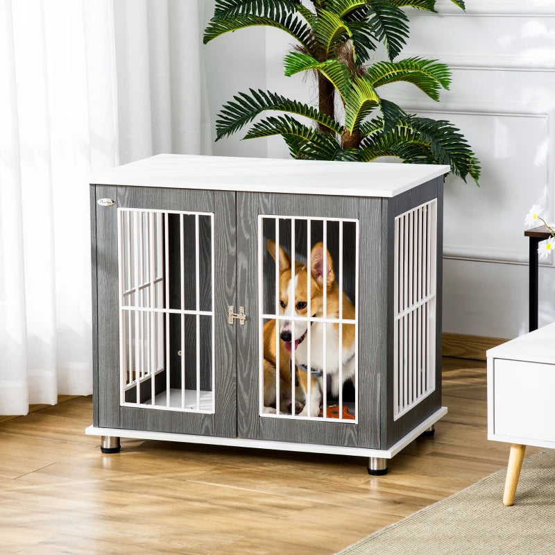 Wooden Dog Crate End Table Kennel with Lockable Door for Small & Medium Dogs - Grey & White, 85x55x75 cm