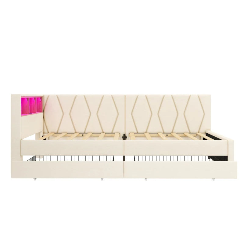 Compact Linen Daybed with Storage Drawers LED Headboard and Charging Station Beige Sofa Bed