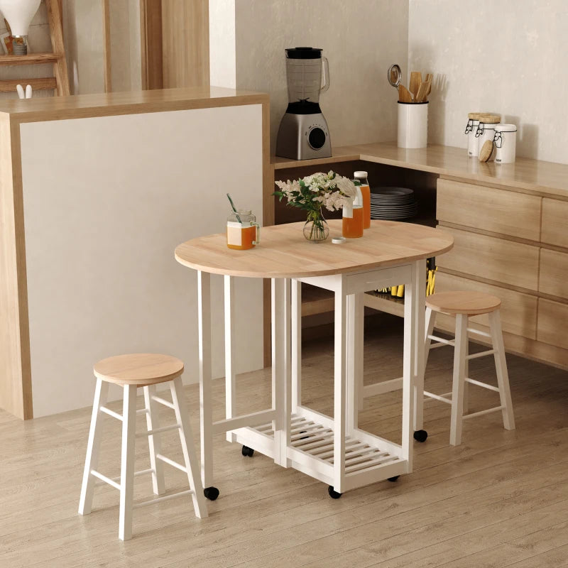 3 Piece Mobile Foldable Dining Room Set with Storage Shelf and Drawers for Home Kitchen Pub White