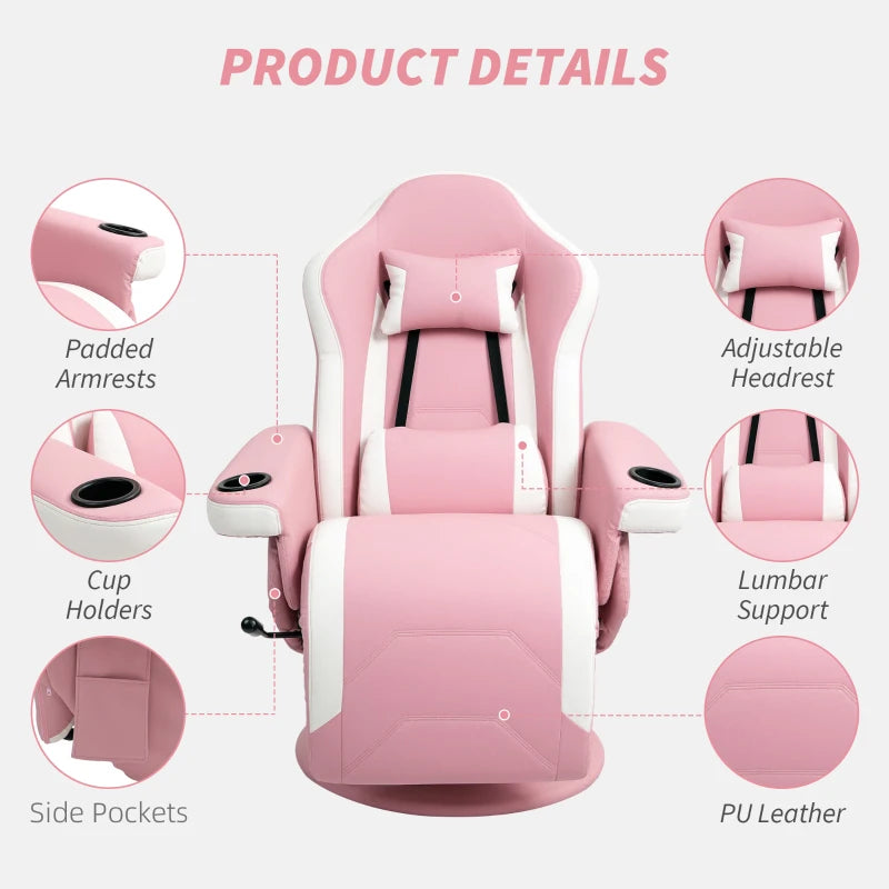 Pink PU Leather Manual Recliner Armchair with Adjustable Leg Rest, 135° Recline and 360° Swivel