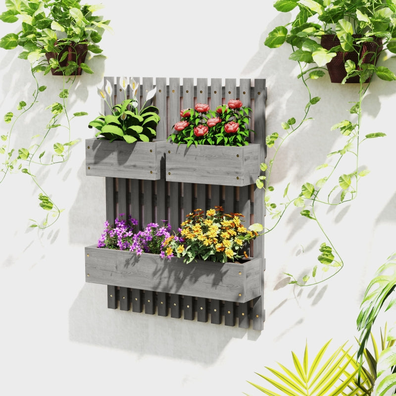 Wall-Mounted Wooden Garden Planters with Trellis - Grey - 3 Planter Boxes with Drainage Holes for Patio - 120cm