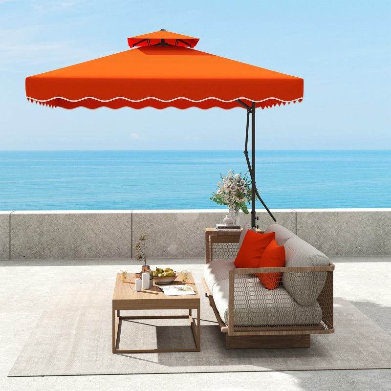 2.5m Cantilever Parasol Umbrella with Easy Lever, Square Double Top, Ruffled Outdoor Sun Shade - Orange