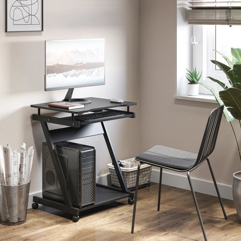 Movable Black Computer Desk with 4 Wheels & Sliding Keyboard Tray - Ideal Home Office Workstation