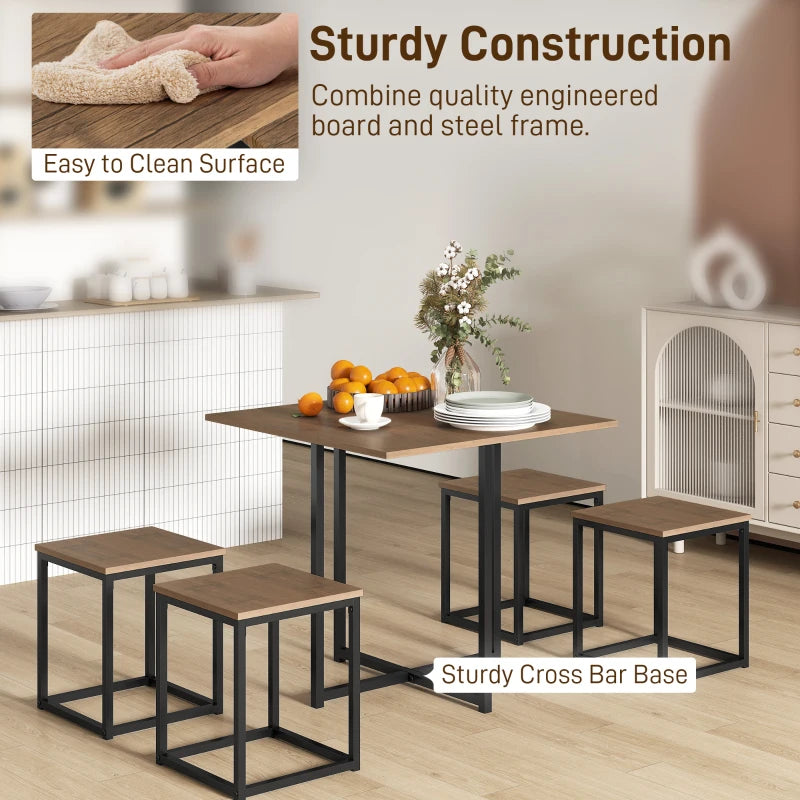 5-Piece Industrial Dining Table & Chairs Set - Space-Saving Metal Frame Square Kitchen Table & Stools - Brown Finish