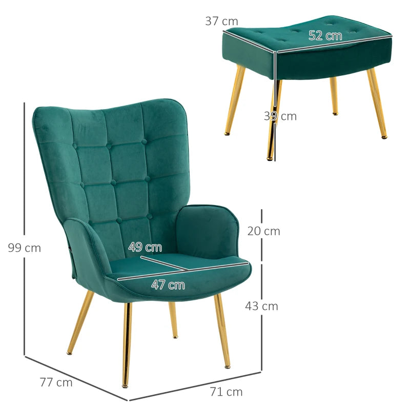 Stylish Velvet Wingback Armchair with Footstool for Living Room, Bedroom or Home Office in Dark Green