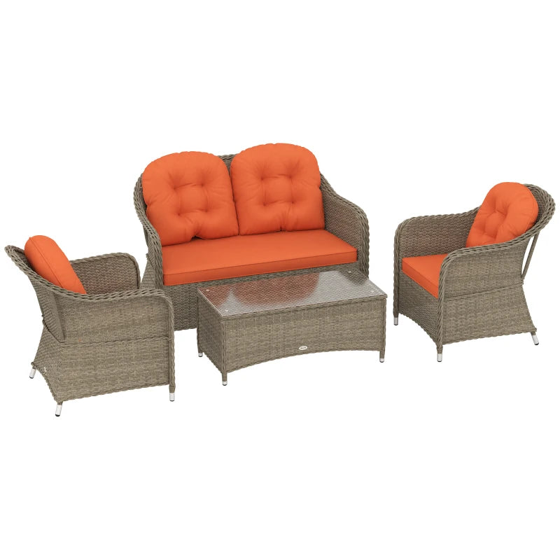 Stylish Four-Piece Rattan Sofa Set with Glass Table