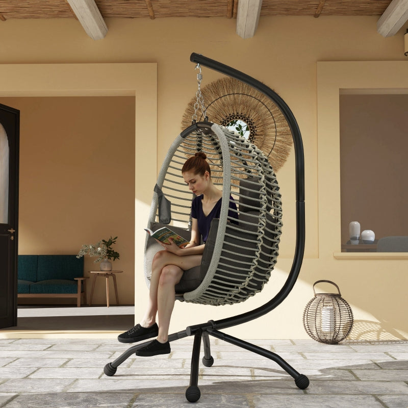 Outdoor Swing Chair - Dark Grey, Thick Padded Cushion, Foldable Metal Stand, Cup Holder, Indoor & Outdoor Use