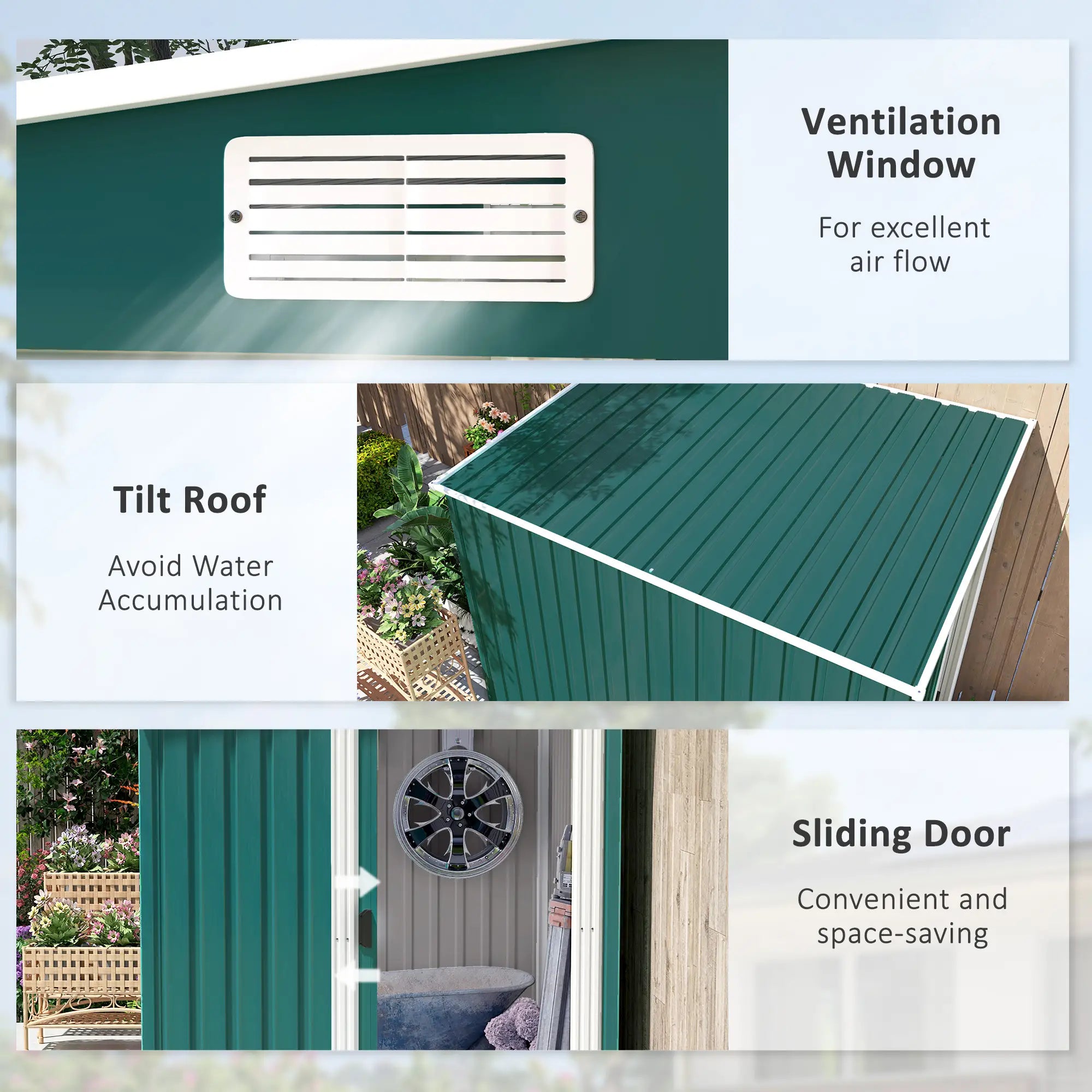 Green 7ft x 5ft Lean-To Metal Shed with Sliding Door