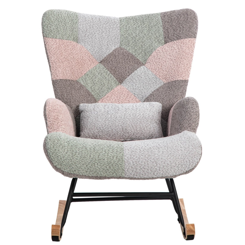 Stylish Rocking Garden Chair Set with Footstool and Pillow, Wingback Design, Solid Wood Legs, Blue and Grey