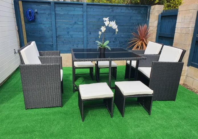 Black 9 Piece Rattan Dining Set With Glass Top Table & White Cushions