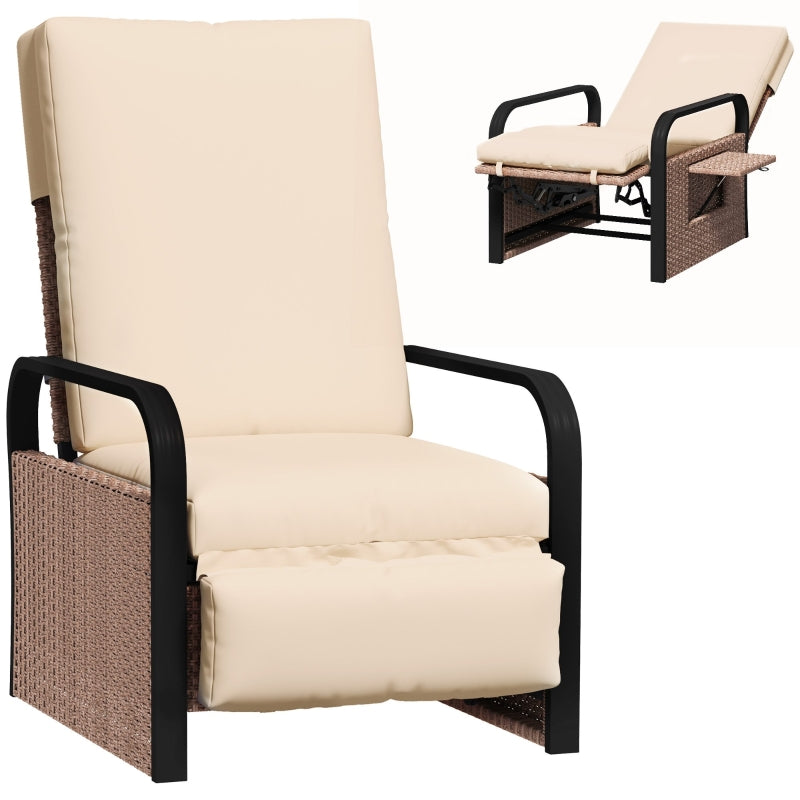 140° Reclining Rattan Armchair - Brown and Khaki Outdoor Lounge Chair for Comfort