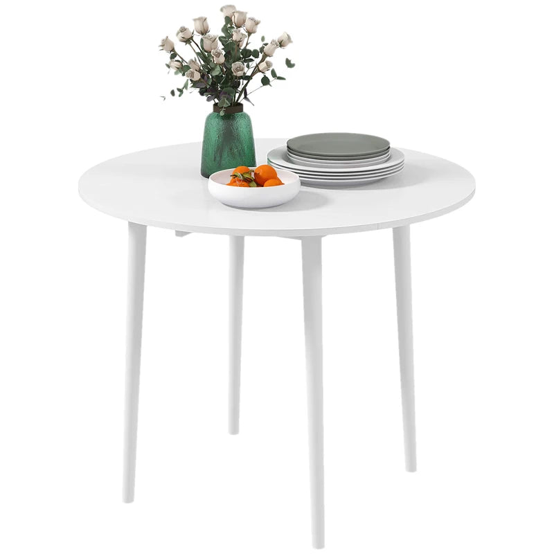 Modern Round Folding Dining Table for 4 - Space-Saving Drop Leaf Kitchen Table with Wood Legs - White Finish