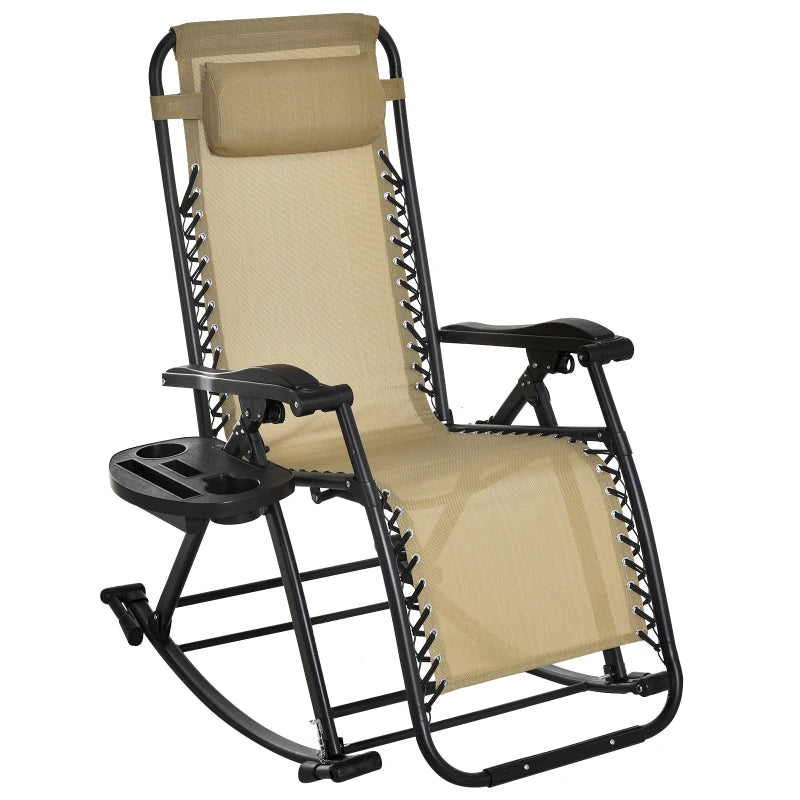 Beige Folding Rocking Sun Lounger Chair with Headrest and Side Holder