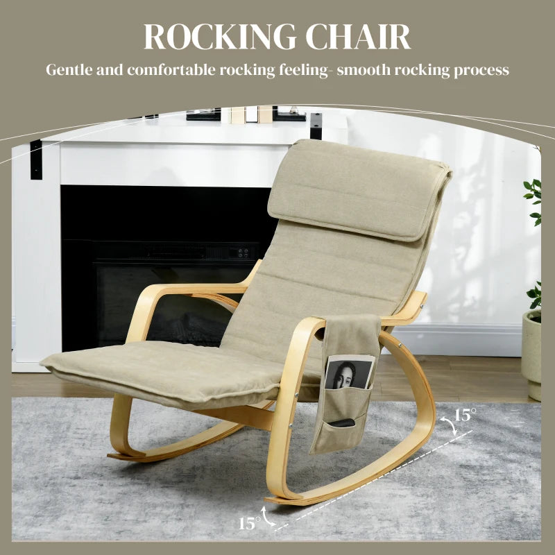 Adjustable Rocking Lounge Chair with Footrest, Side Pocket and Pillow for Ultimate Relaxation in Khaki
