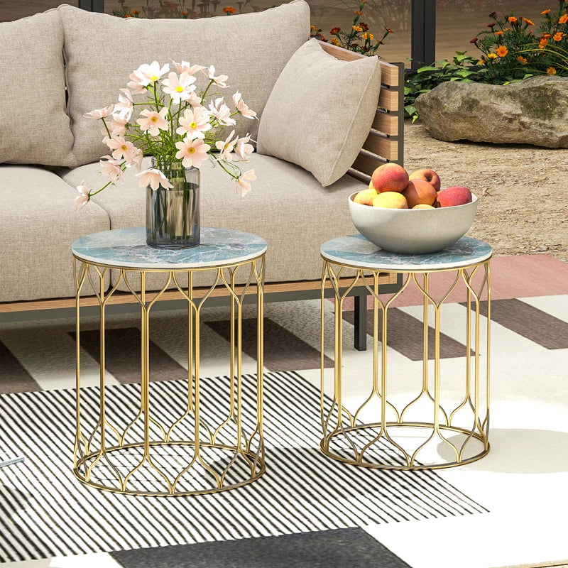 Multicoloured Ceramic Tile Top Nesting Side Table - Set of 2 - End Tables with Metal Frame