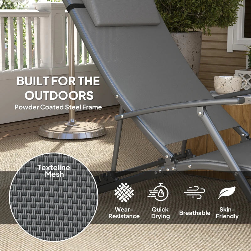 Set of 2 Grey Folding Sun Loungers - Adjustable 4 Position Outdoor Chaise Lounge Chairs with Armrests and Pillows - Steel Frame Sunbed Recliners for Garden, Patio, Beach and Poolside