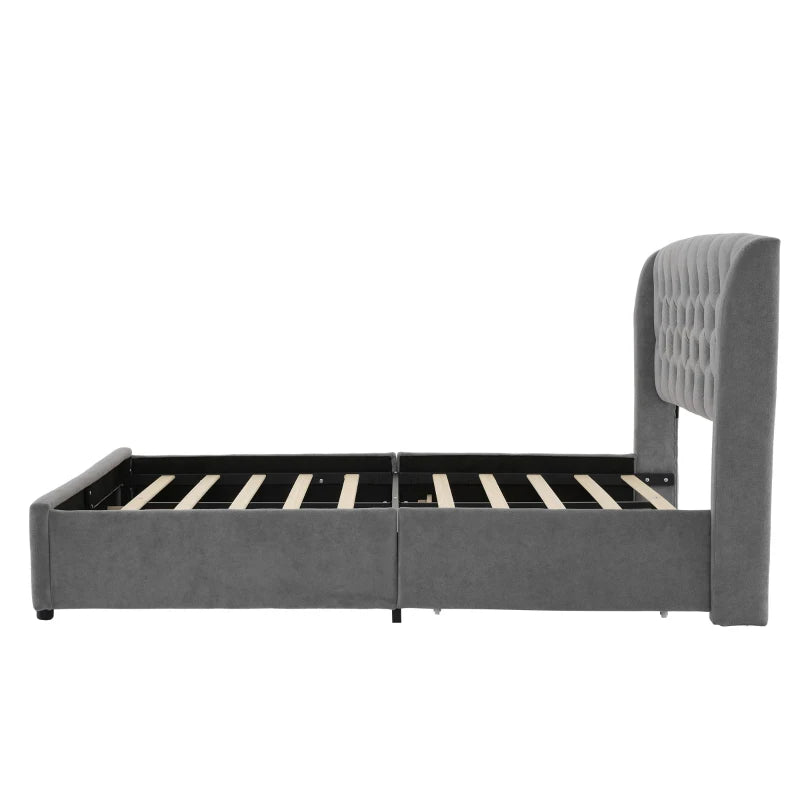 Grey Upholstered Storage Bed with 4 Drawers & Soft Backrest - Metal Frame, 204L x 156W x 106H cm