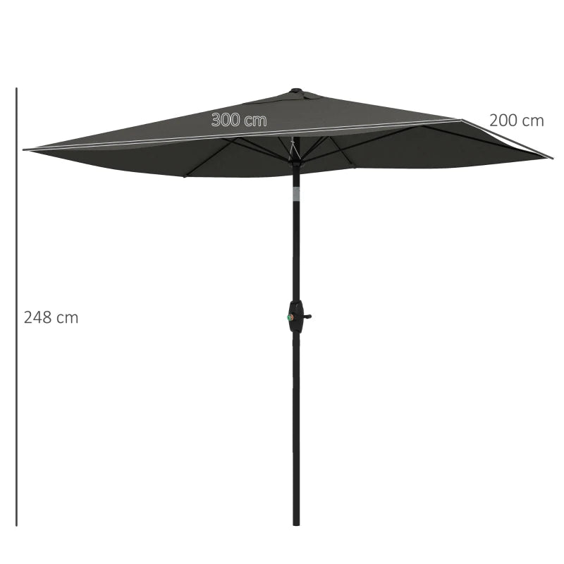 Dark Grey Rectangular Garden Parasol Umbrella, 2x3m, Crank Tilt, Aluminium Pole