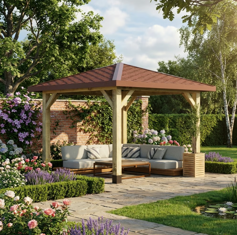 Ruby Wooden 4 Pitch Gazebo with Katepal Red Shingle Roof - Premium Garden Gazebo Structure