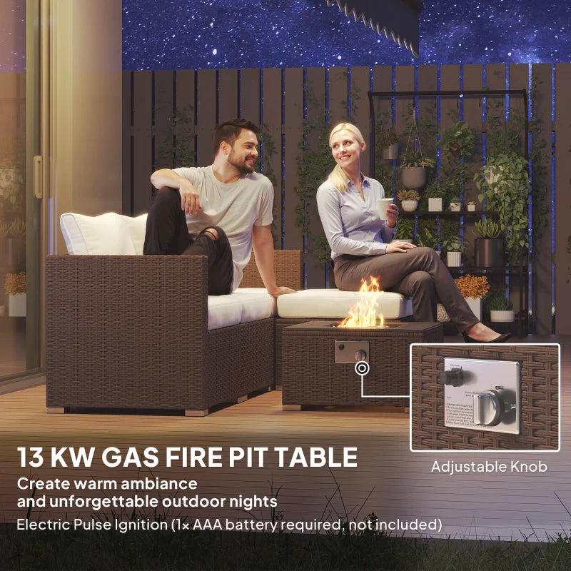 5-Piece Rattan Garden Furniture Set with Gas Fire Pit & Footstools - Brown & Cream