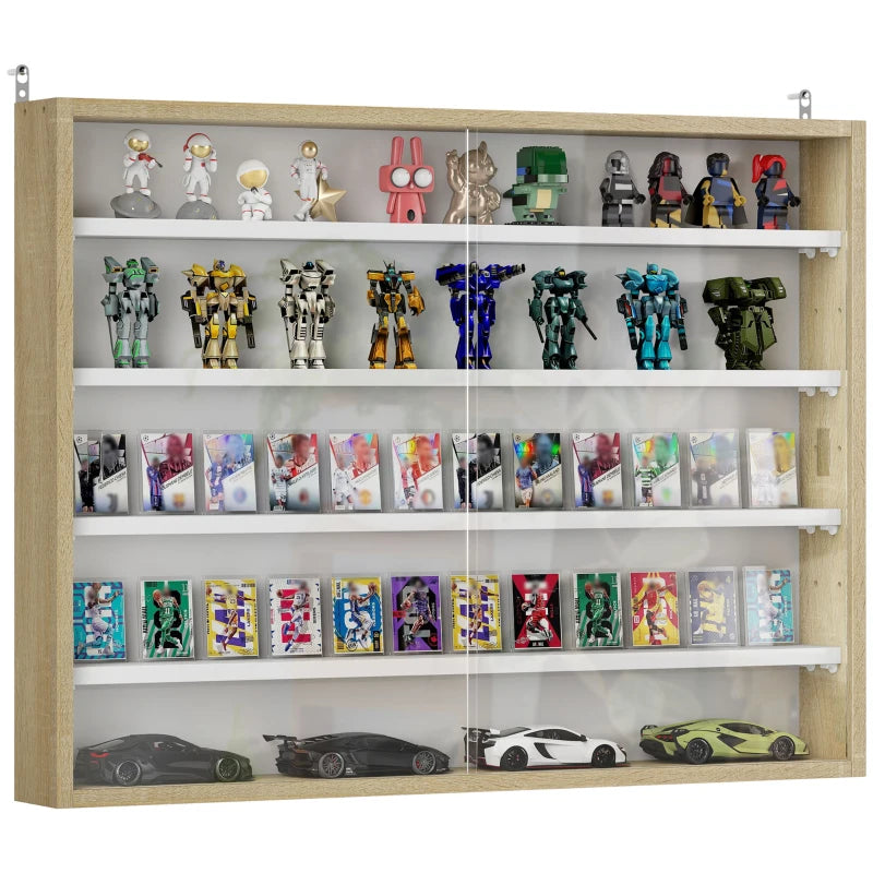5-Tier Wall Display Shelf Unit with 4 Adjustable Shelves & Glass Doors - Natural Finish for Home & Office Decor 60x80cm