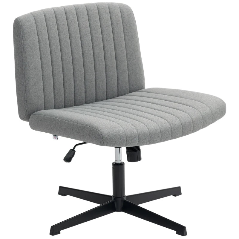 Armless Grey Office Chair - Linen Fabric, Criss Cross Legs, Wide Seat, Thick Padding, Adjustable Height, No Wheels