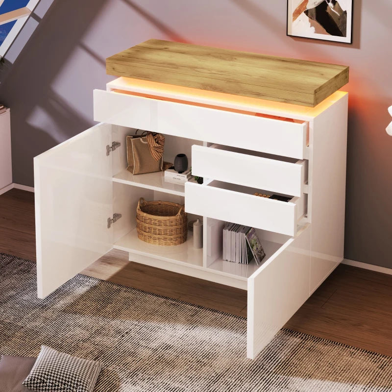 High-Gloss White Chest of Drawers with LED Lighting - 2 Doors & 3 Drawers Sideboard Cabinet, 110x39x115 cm