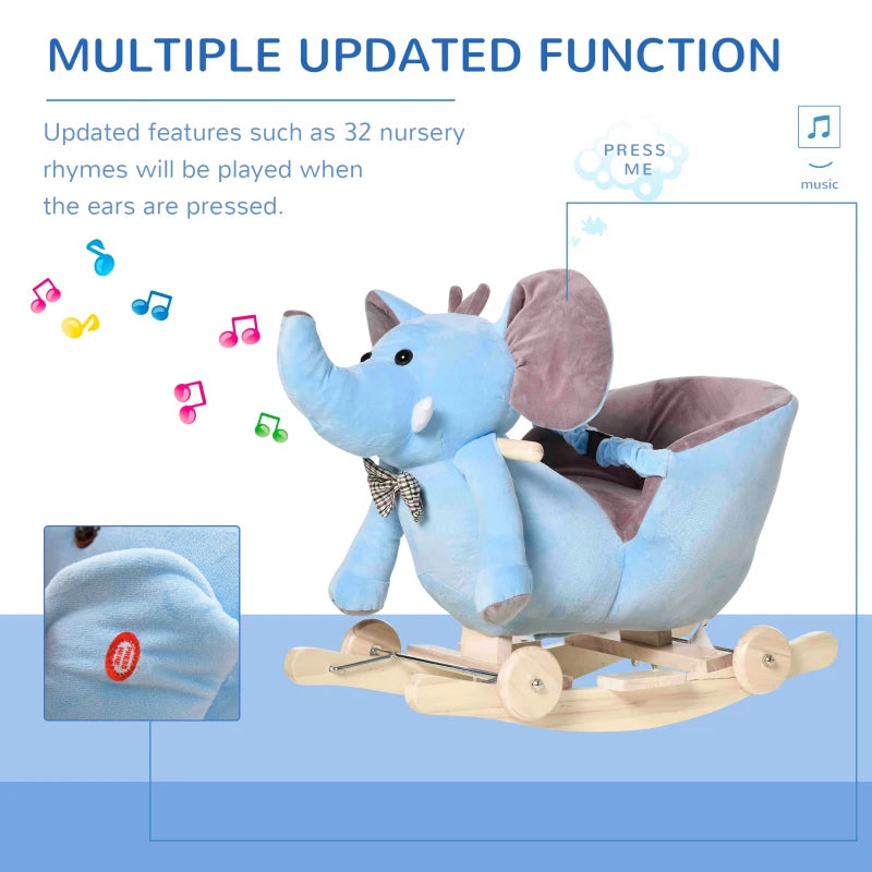 2-in-1 Plush Baby Rocking Horse Elephant with Wheels - Wooden Toy for Kids, 32 Songs, Ages 18+ Months (Blue)