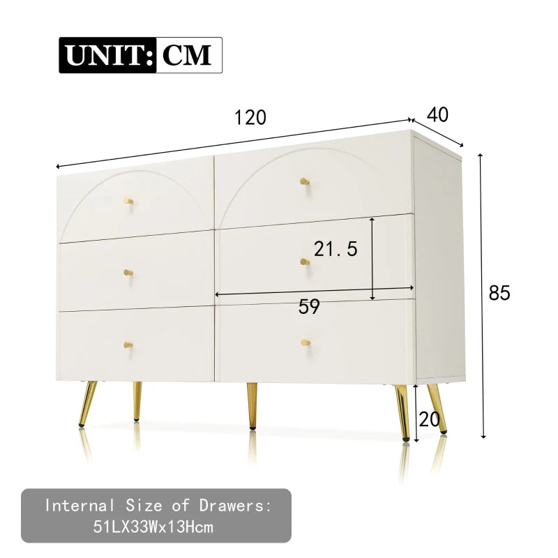 Height Adjustable Kitchen Cupboard with 6 Drawers - Stylish White Cabinet, Wood & Metal, 120x40x85 cm for Optimal Storage