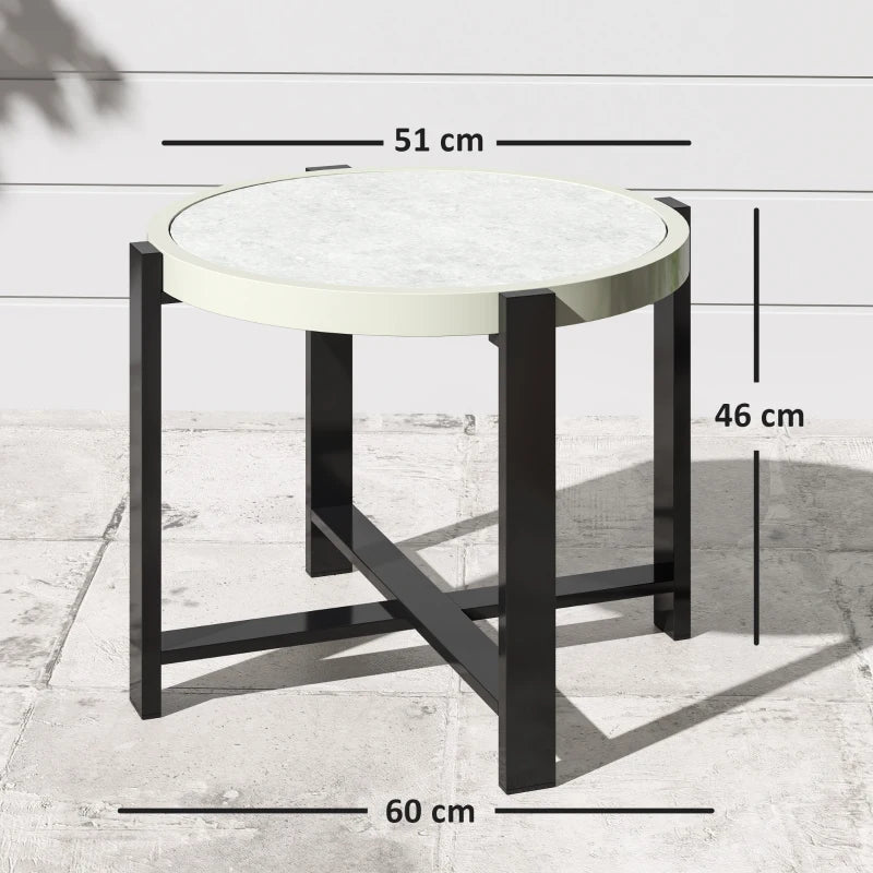 60cm Round Small Garden Table - Outdoor Side Table with Faux Marble Top, Light Grey Aluminium Frame