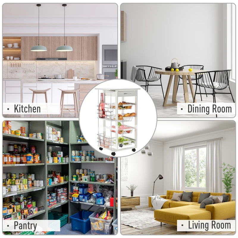 Rolling Kitchen Cart with 4 Basket Drawers & Side Racks - Mobile Utility Storage Cart on Wheels for Dining Room - White