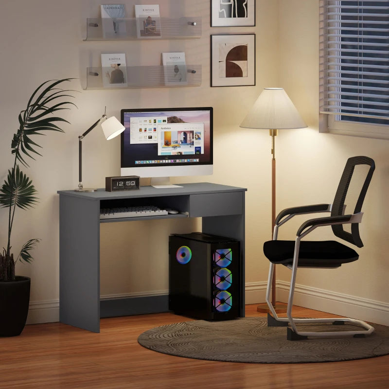 100cm Compact Computer Desk with Keyboard Tray & Drawer - Stylish Grey Home Office Desk for Bedroom Study