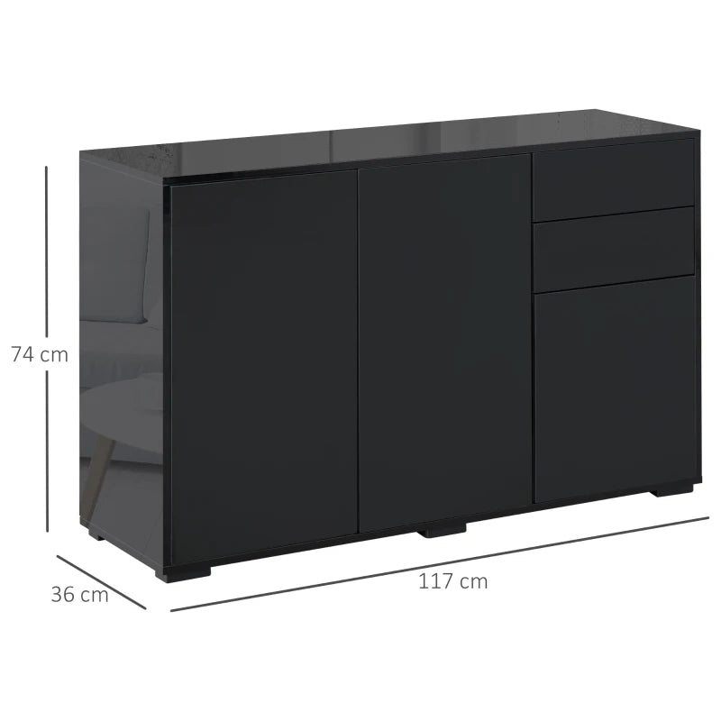 High Gloss Black Side Cabinet with Push-Open Design, 2 Drawers & 2 Cabinets for Living Room - 74H x 117W x 36Dcm