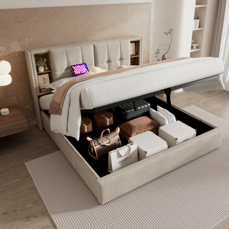 Upholstered Double Bed with Wireless Charging and Hydraulic Storage in Natural Linen Fabric