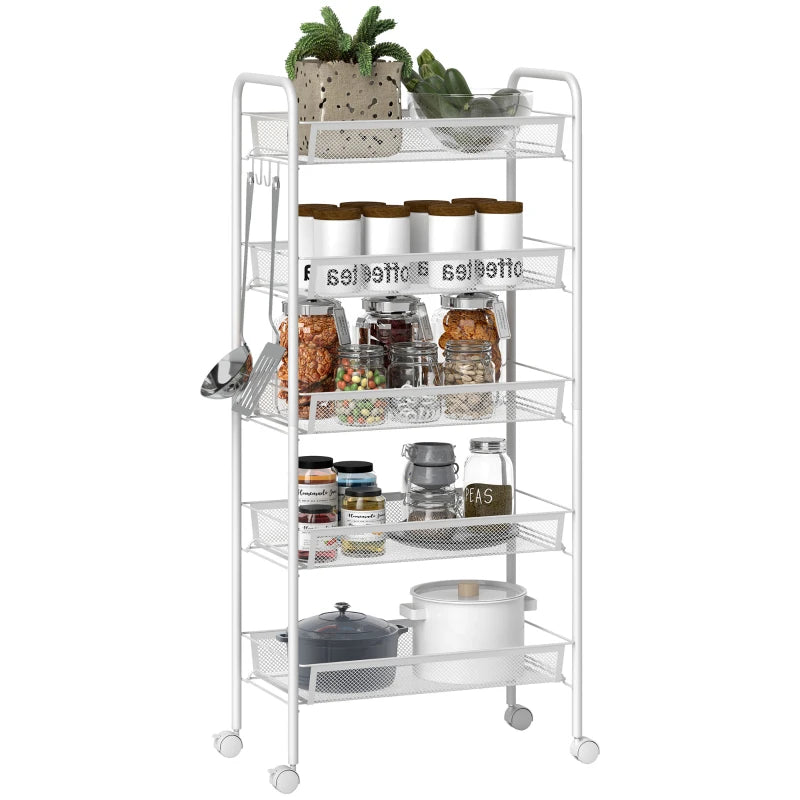 Five-Steel Mesh Storage Trolley with Wheels - Versatile White Basket Organizer for Home, Office, and Kitchen