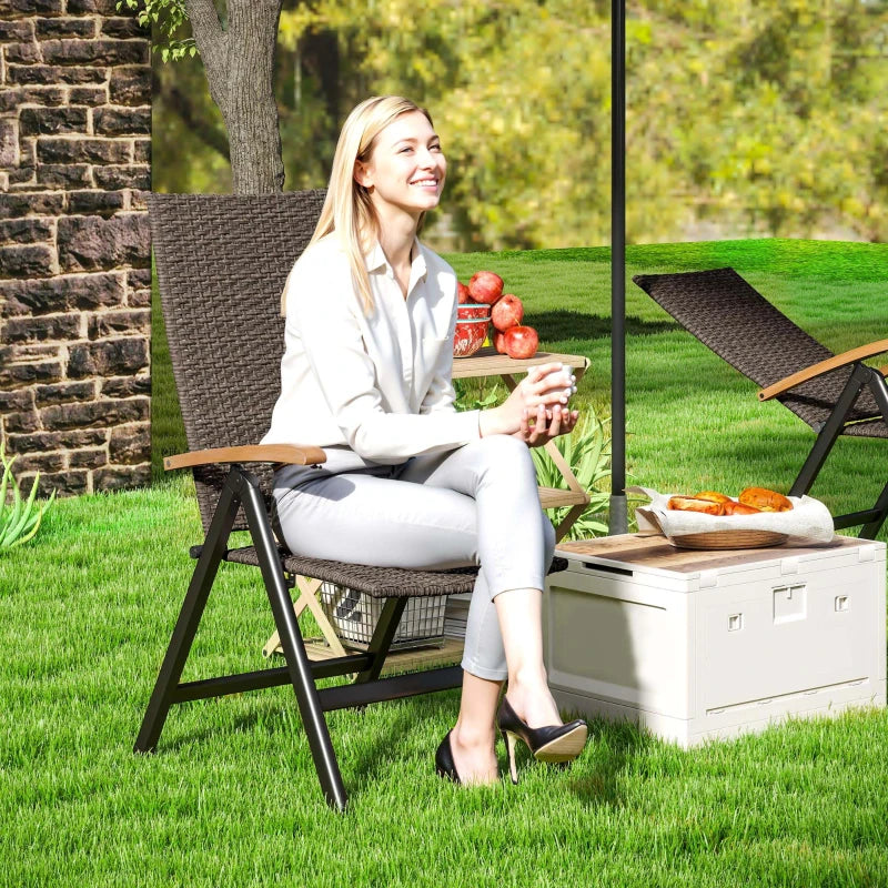 Folding Rattan Garden Dining Chair - 5-Level Reclining High Back, Wood Armrests, Outdoor Patio Furniture - Brown