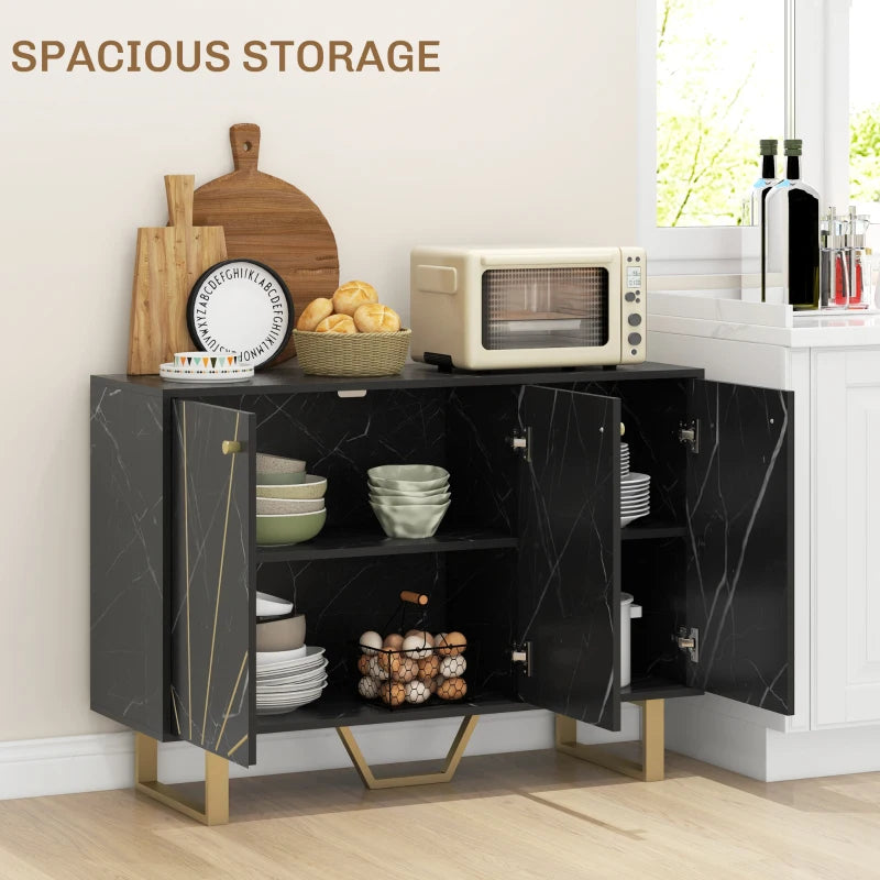 Modern Sideboard Storage Cabinet with Adjustable Shelves & Metal Legs - Black Marble Tone for Living Room, Kitchen, Dining Room, Entryway
